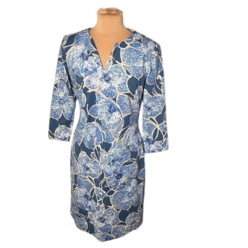 J McLaughlin Blue White Floral Sheath Dress 3/4 Sleeve V Neck Size S